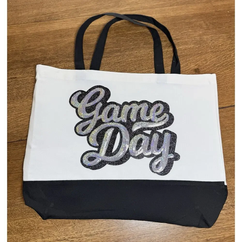 Game Day Tote Bag Sequin Script Canvas Bag Football Baseball Sports Mom Gift - Picture 3 of 6